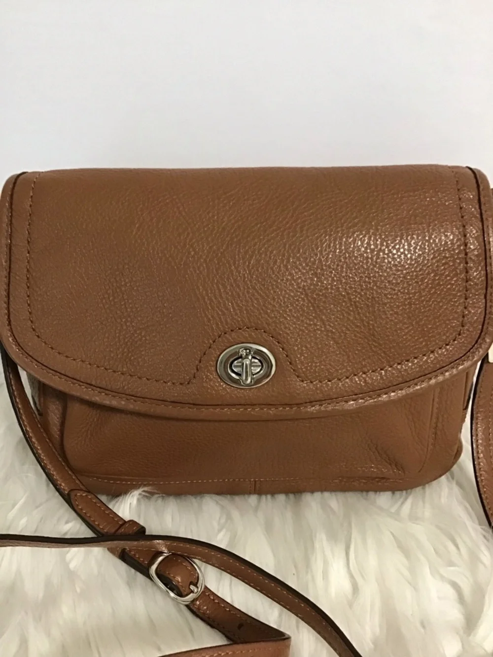 COACH Leather Flap Crossbody Bag Brown Pebble Leather Silver Hardware EUC